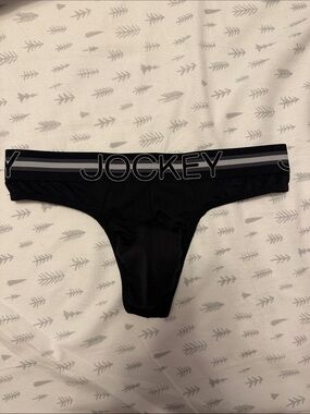 Jockey Black Thong with Branded Striped Waistband